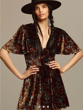 Anthropologie Velvet Leopard Print Mini Dress in Rust and Teal